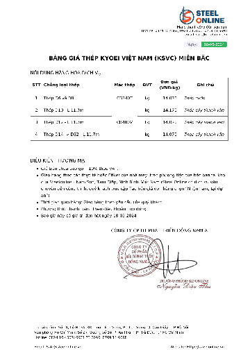 Bảng giá thép xây dựng Kyoei Việt Nam (KSVC) hôm nay